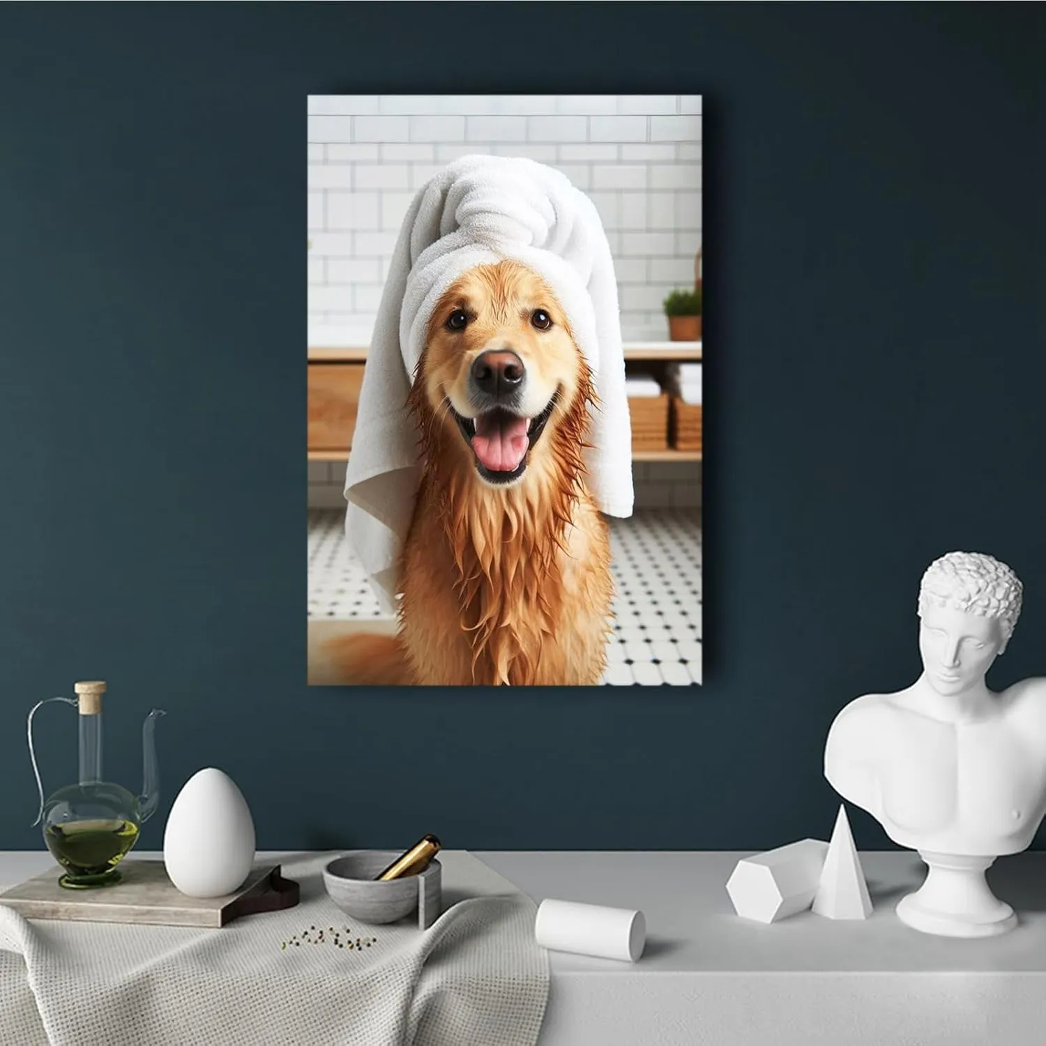 Bathroom wall decor Golden Retriever with Towel on Head Bathroom Towel Poster Print Golden Retriever Bath Funny Dog Bath Shower Picture Bathroom Humor 8x12in Wood Framed