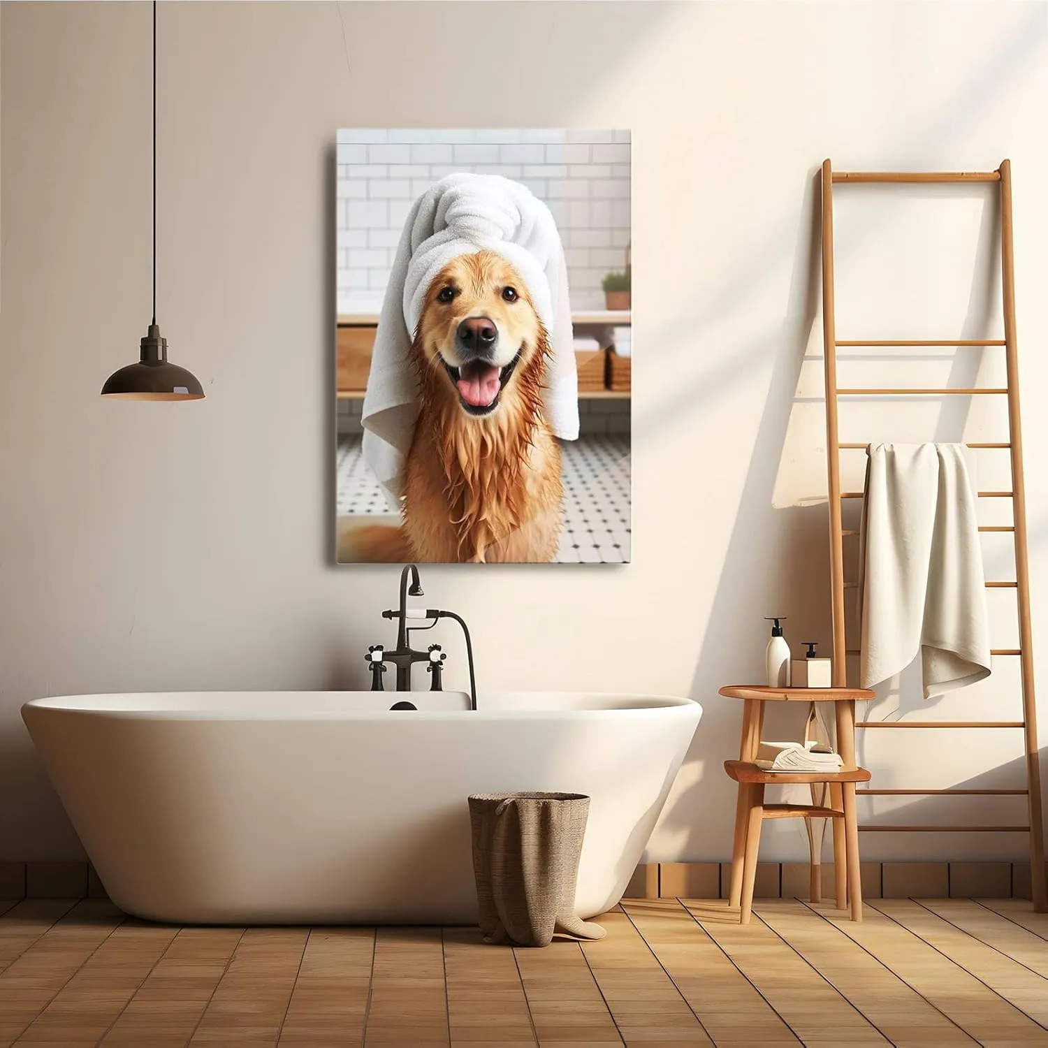 Bathroom wall decor Golden Retriever with Towel on Head Bathroom Towel Poster Print Golden Retriever Bath Funny Dog Bath Shower Picture Bathroom Humor 8x12in Wood Framed