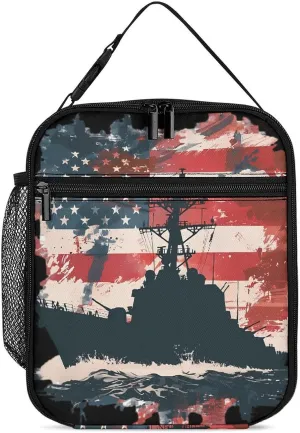 Battleship USA American Flag Lunch Bag Insulated Lunch Box Reusable Lunch Containers Tote Bags for Work Travel