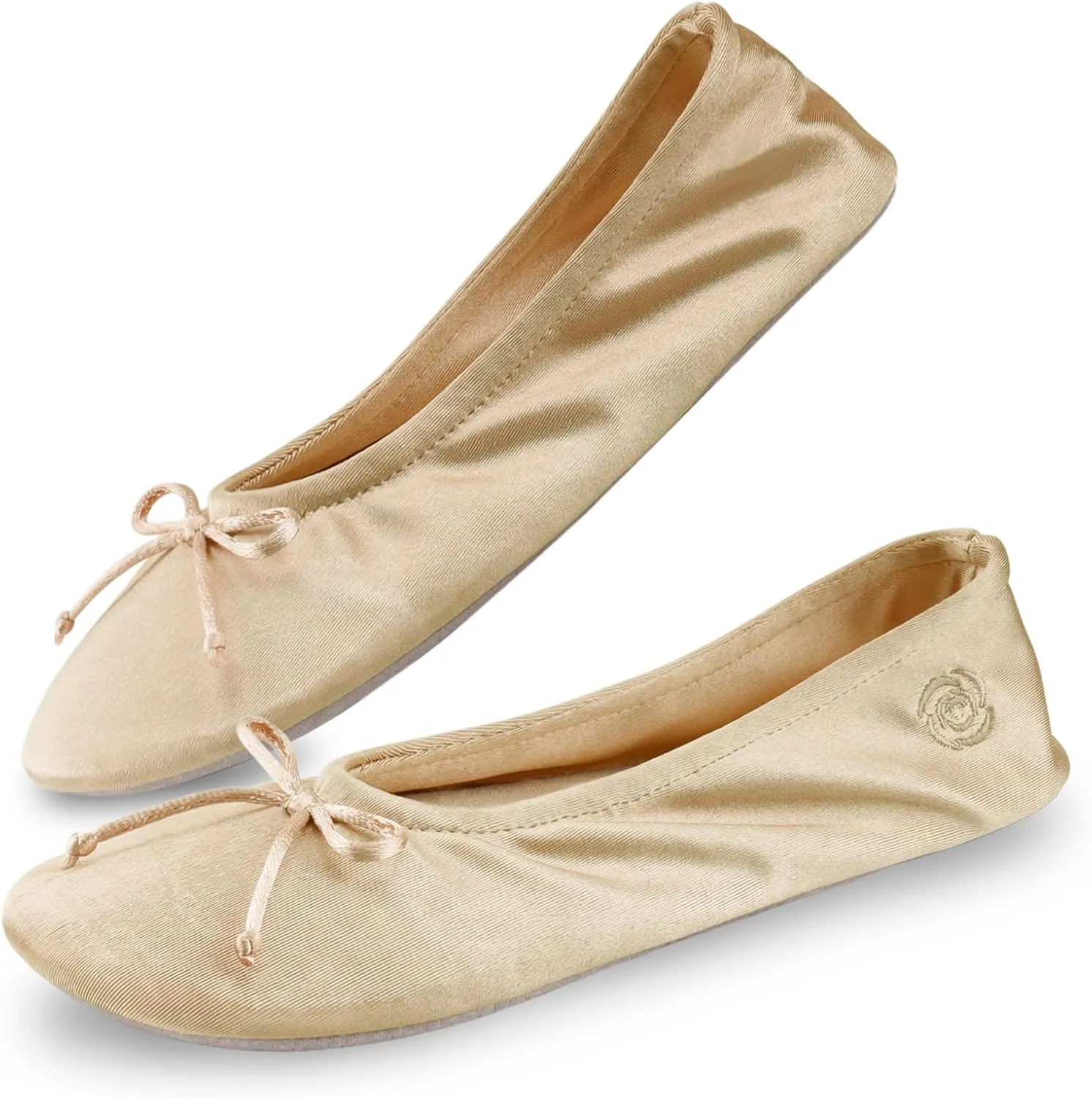 BCTEX COLL Women's Ballerina House Slippers with Bow, Ladies Satin Bedroom Slipper with Suede Sole Indoor