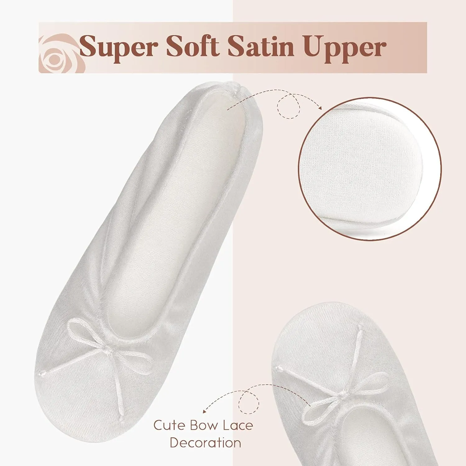 BCTEX COLL Women's Ballerina House Slippers with Bow, Ladies Satin Bedroom Slipper with Suede Sole Indoor