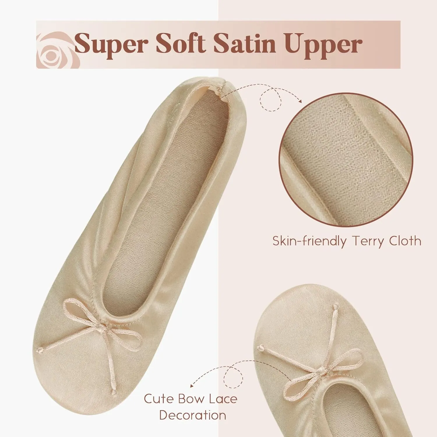 BCTEX COLL Women's Ballerina House Slippers with Bow, Ladies Satin Bedroom Slipper with Suede Sole Indoor