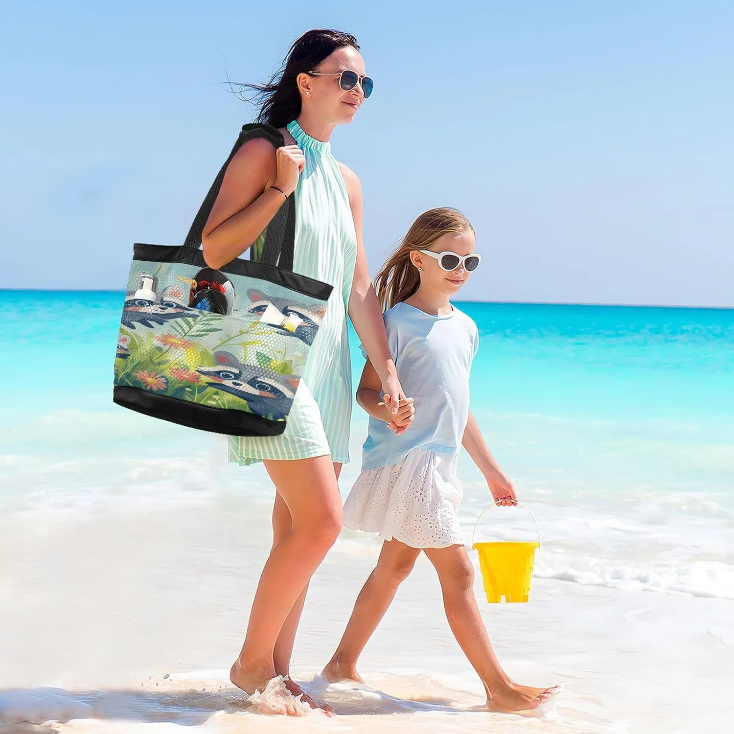Beach Bag for Women Waterproof Sandproof Mesh Beach Tote Bag with Zipper and Pockets 1G