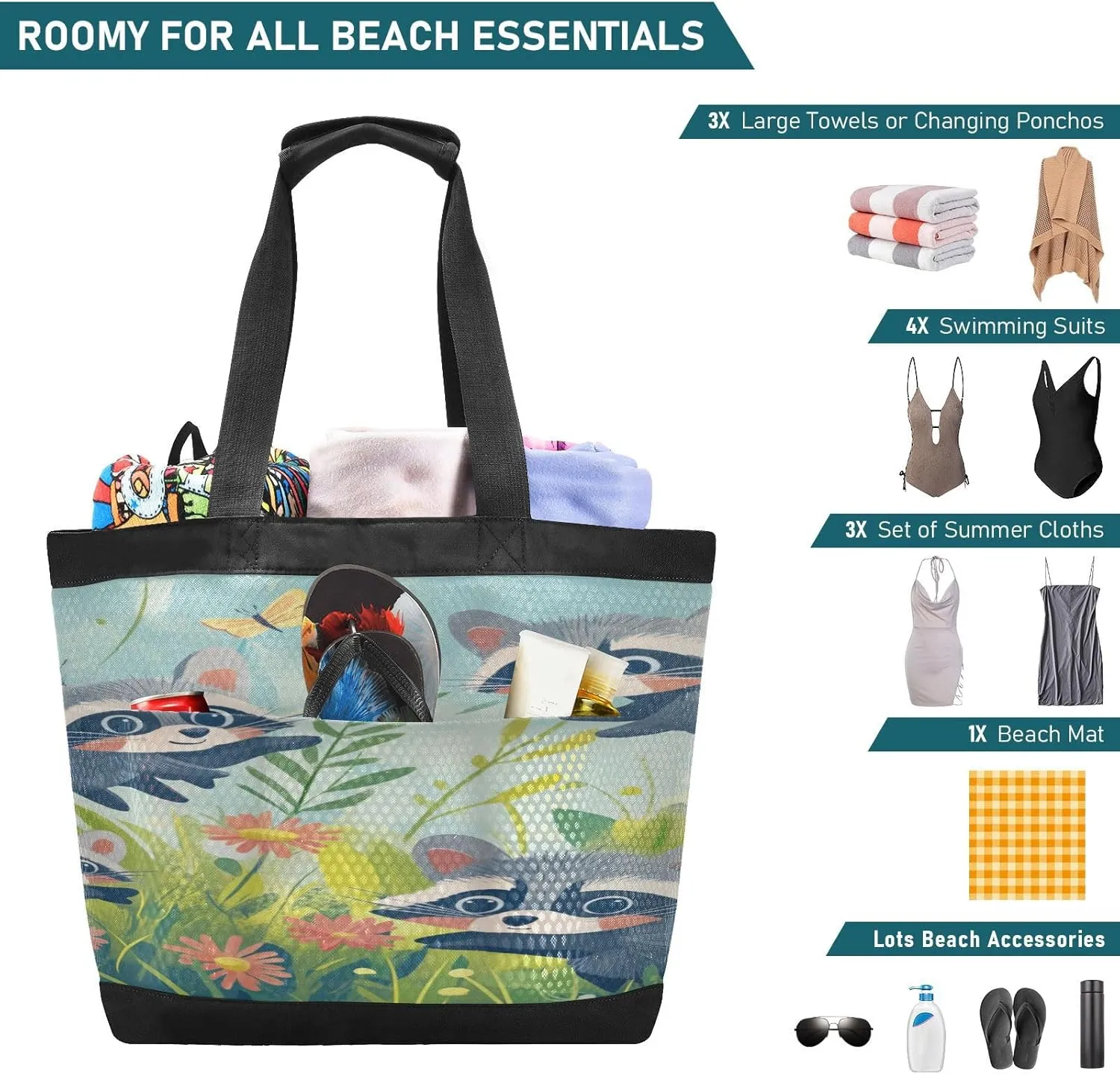 Beach Bag for Women Waterproof Sandproof Mesh Beach Tote Bag with Zipper and Pockets 1G