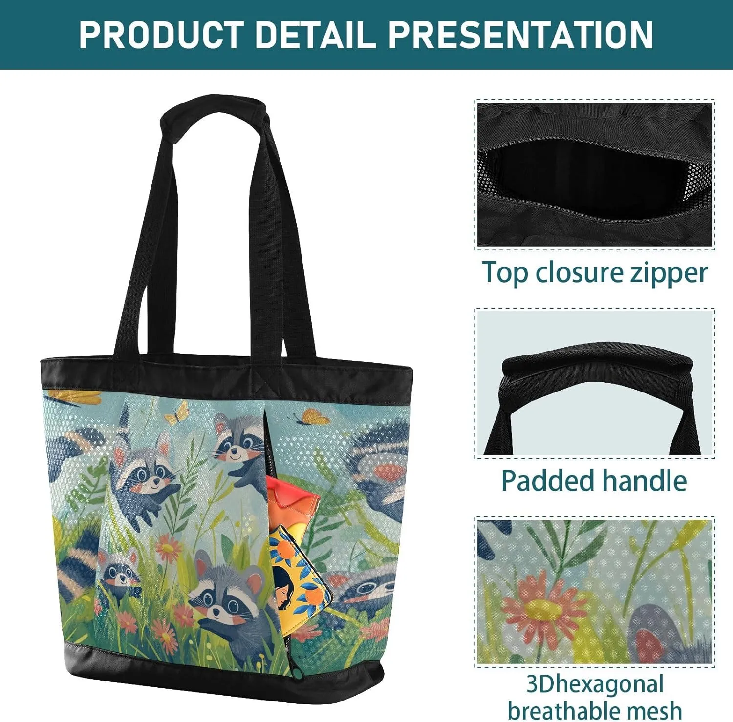 Beach Bag for Women Waterproof Sandproof Mesh Beach Tote Bag with Zipper and Pockets 1G