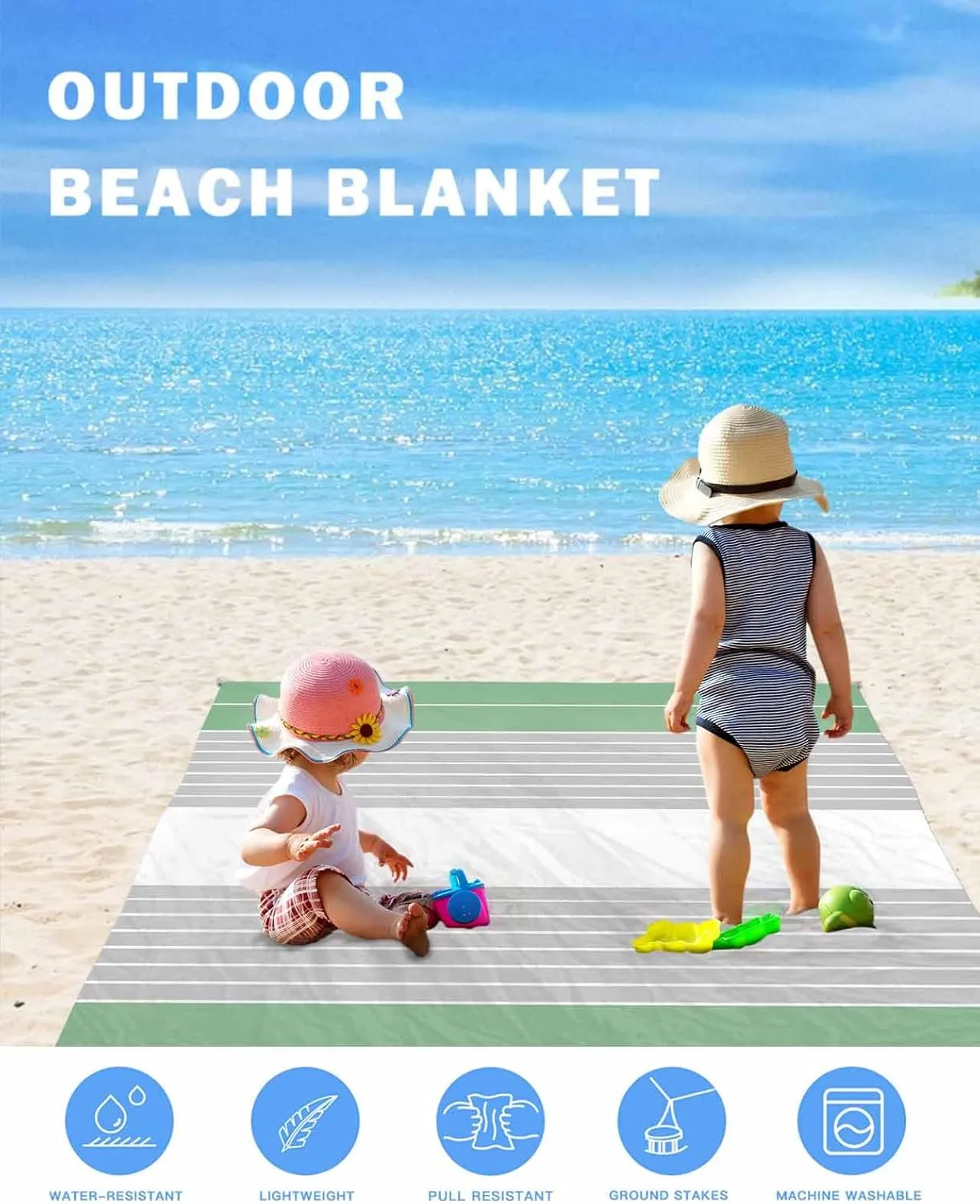 Beach Blanket Sandproof, 83"x79" Extra Large Beach Mat Waterproof Minimalism Fruit Green Gray Stripe Background Oversized Outdoor Mat for Camping Park Travel Grass