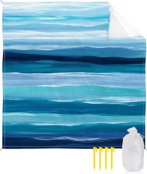 Beach Blanket Sandproof, 83"x79" Extra Large Beach Mat Waterproof Vintage Ocean Blue-Green Stripes Watercolor Texture Oversized Outdoor Mat for Camping Park Travel Grass