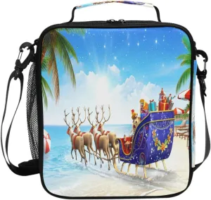 Beach Reindeer Sleigh Ride Lunch Box for Kids Girls Boys Insulated Lunch Bag for Women Men Large Tote Reusable Leakproof Cooler Bag with Adjustable Shoulder Strap for Adult Work Picnic Travel