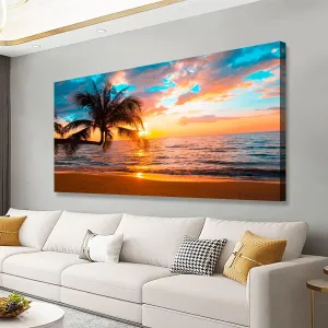Beach Sunset Pictures Canvas Wall Art For Living Room Bedroom Wall Decor,Sunset Wall Art Print Paitnings For Home Decor,Morden Artwork Palm Cloud Canvas Art Waterproof Ready To Hang-20X40Inches