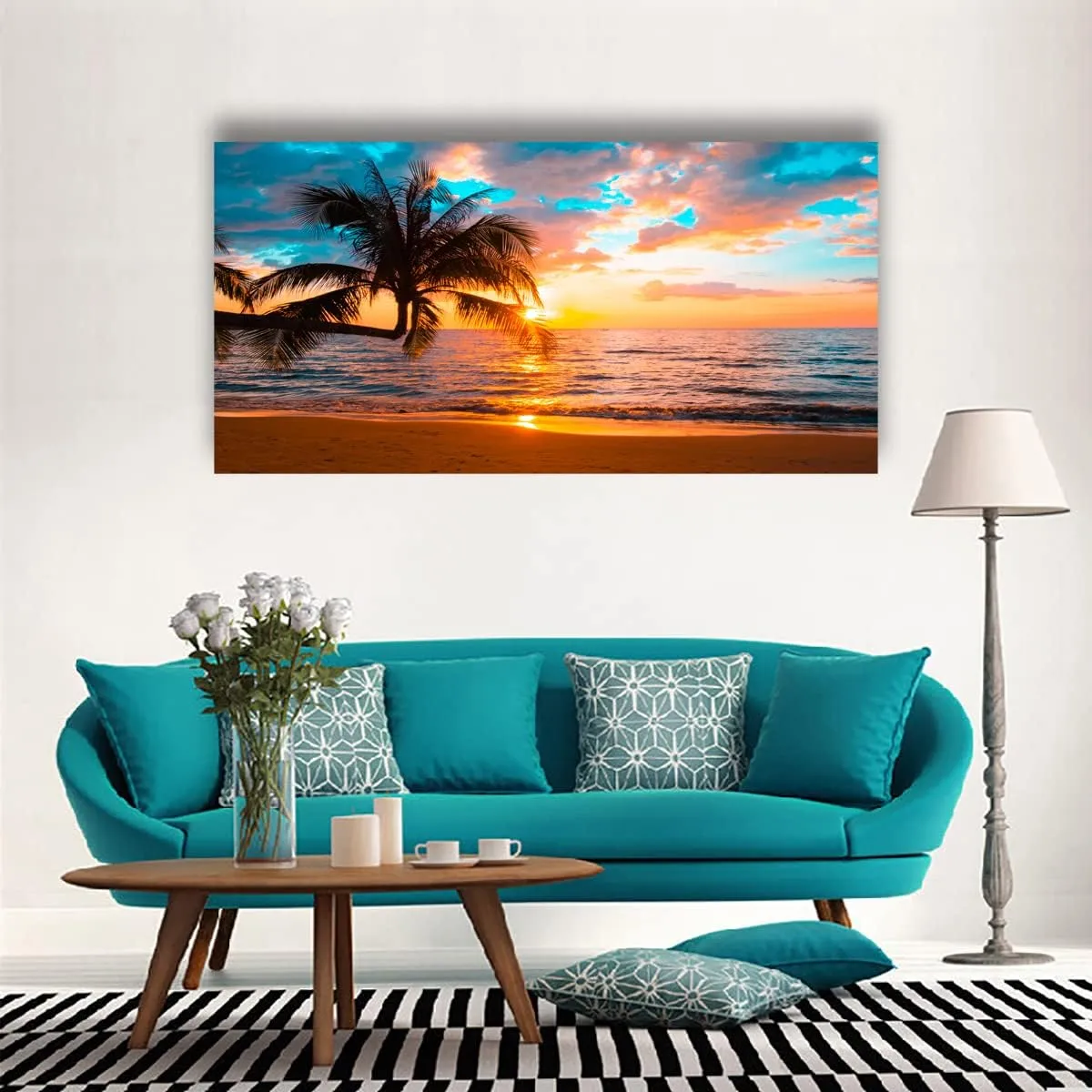 Beach Sunset Pictures Canvas Wall Art For Living Room Bedroom Wall Decor,Sunset Wall Art Print Paitnings For Home Decor,Morden Artwork Palm Cloud Canvas Art Waterproof Ready To Hang-20X40Inches