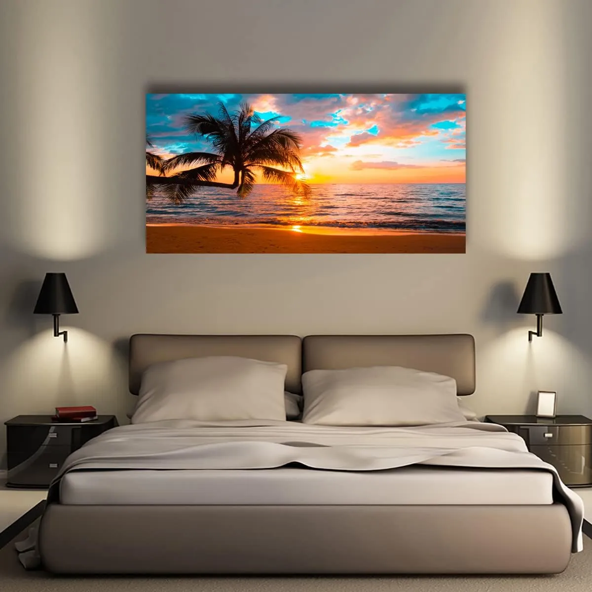 Beach Sunset Pictures Canvas Wall Art For Living Room Bedroom Wall Decor,Sunset Wall Art Print Paitnings For Home Decor,Morden Artwork Palm Cloud Canvas Art Waterproof Ready To Hang-20X40Inches