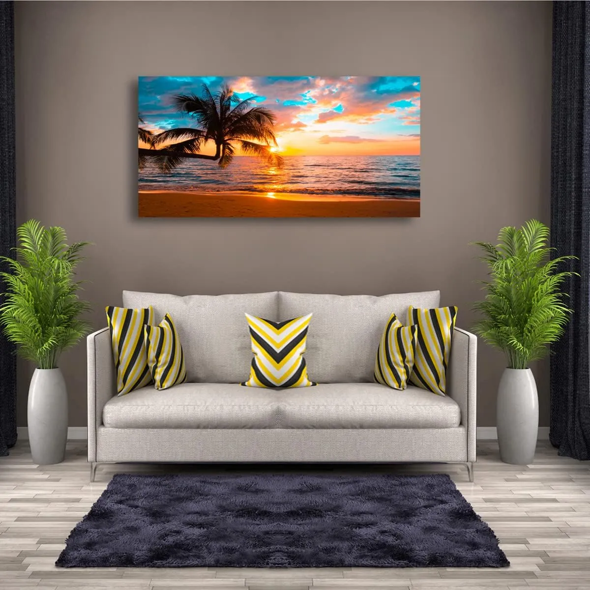 Beach Sunset Pictures Canvas Wall Art For Living Room Bedroom Wall Decor,Sunset Wall Art Print Paitnings For Home Decor,Morden Artwork Palm Cloud Canvas Art Waterproof Ready To Hang-20X40Inches