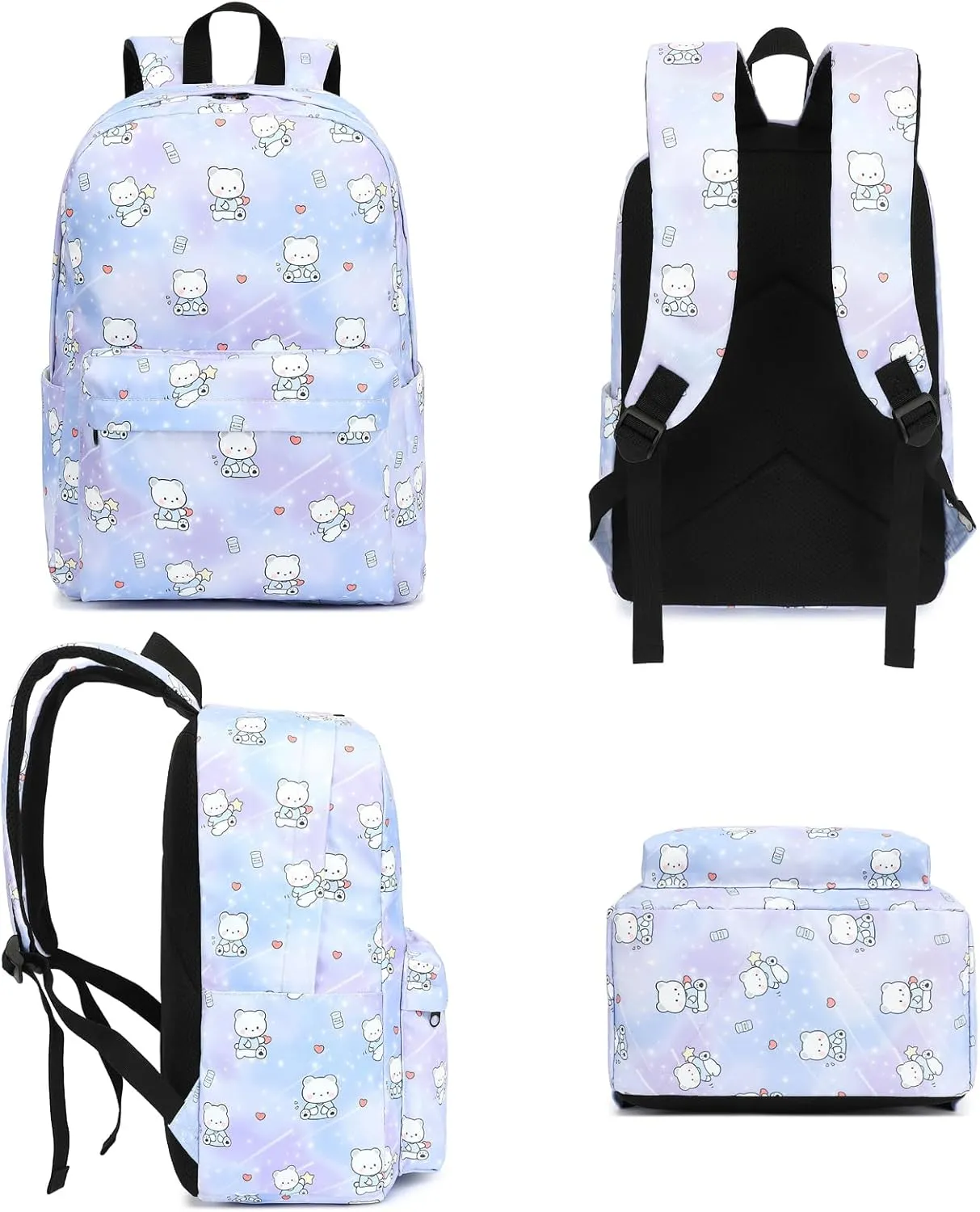 Bear School Backpack for Teen Girls, 3-in-1 Kids Backpack Bookbag Set School Bags with Lunch Box Pencil Case (Purple)