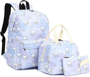 Bear School Backpack for Teen Girls, 3-in-1 Kids Backpack Bookbag Set School Bags with Lunch Box Pencil Case (Purple)