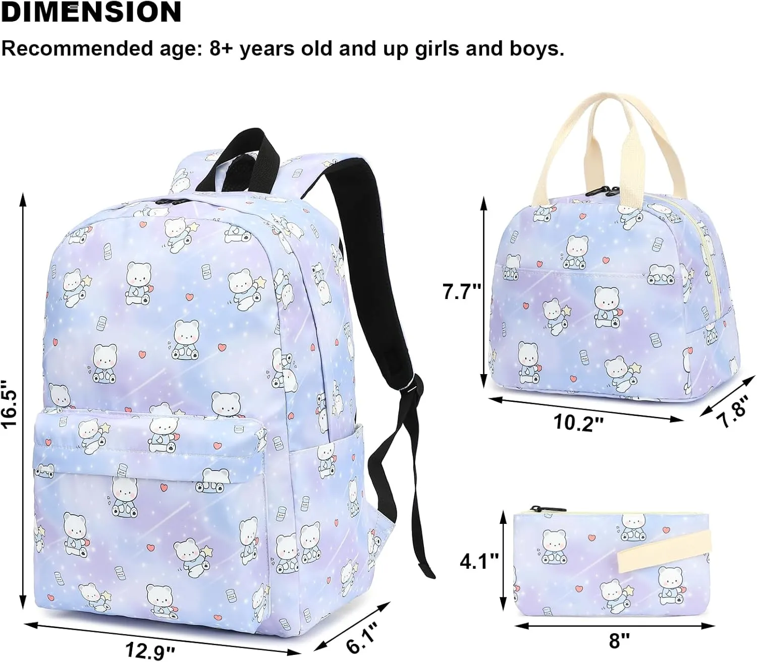 Bear School Backpack for Teen Girls, 3-in-1 Kids Backpack Bookbag Set School Bags with Lunch Box Pencil Case (Purple)