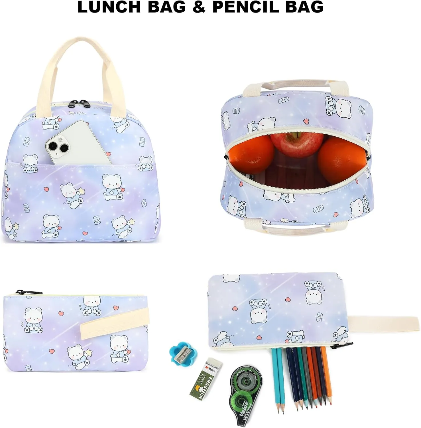 Bear School Backpack for Teen Girls, 3-in-1 Kids Backpack Bookbag Set School Bags with Lunch Box Pencil Case (Purple)