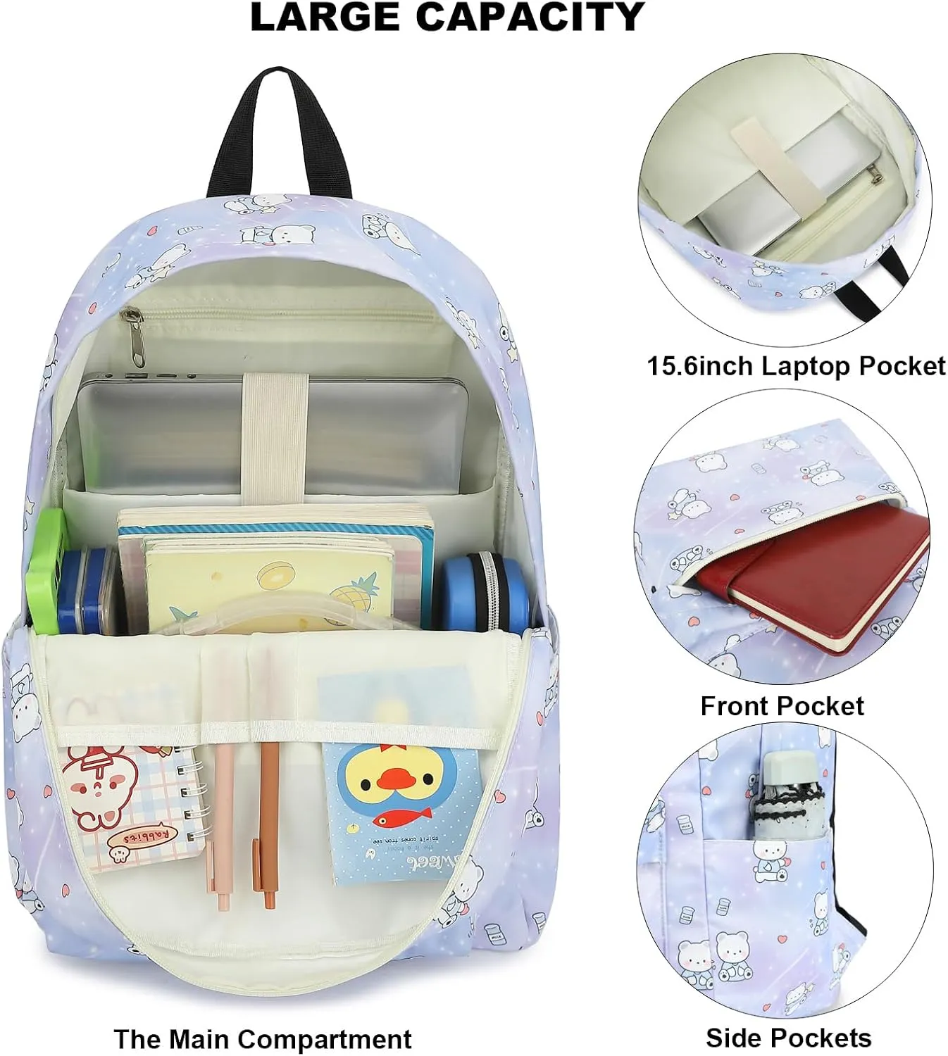 Bear School Backpack for Teen Girls, 3-in-1 Kids Backpack Bookbag Set School Bags with Lunch Box Pencil Case (Purple)