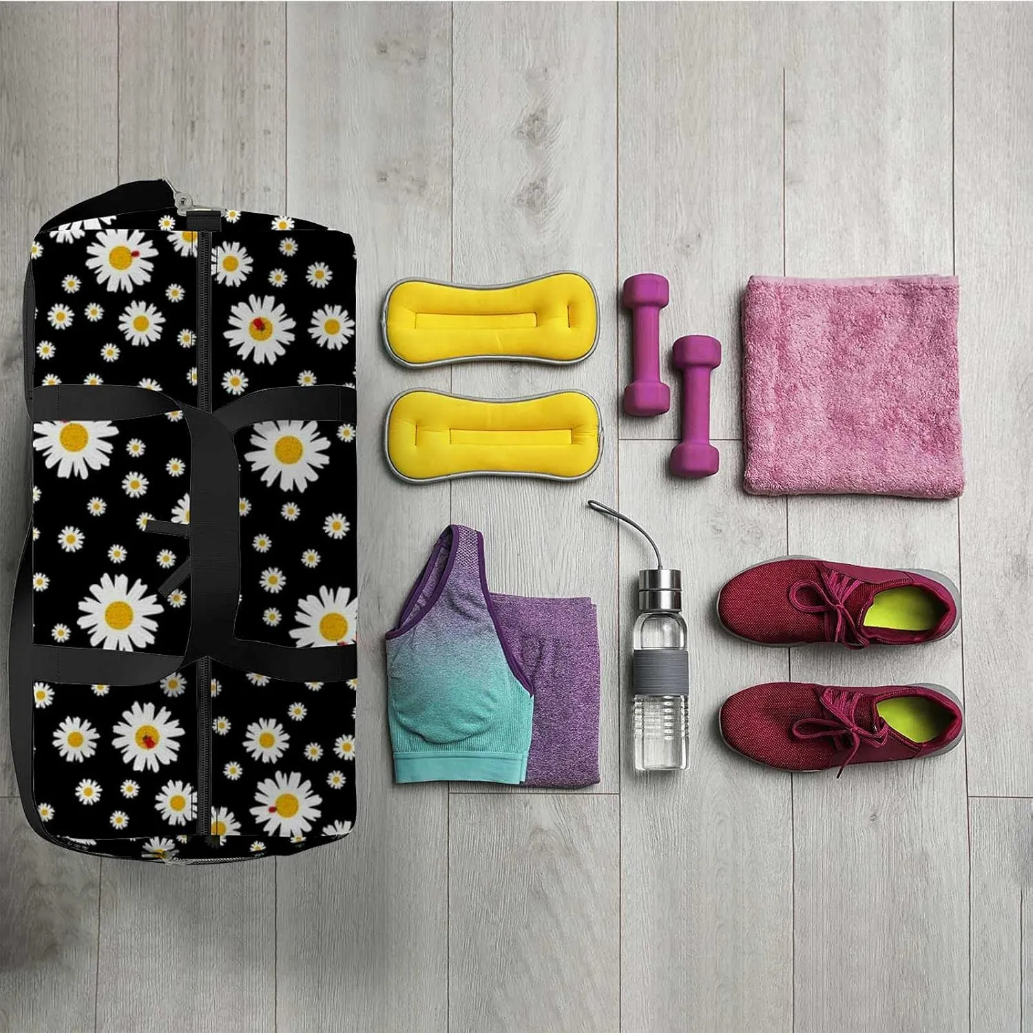 Beautiful Daisy Floral Black Sports Duffel Bag Travel Gym Tote Bags Lightweight Durable Shoulder Strap Waterproof Polyester Outside Mesh Pocket Overnight Trip Duffel Bag for Women Men