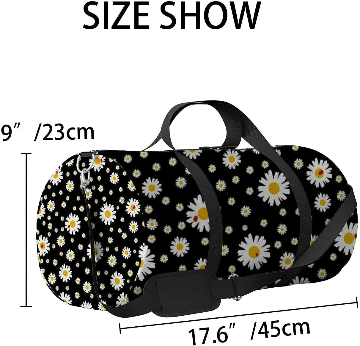Beautiful Daisy Floral Black Sports Duffel Bag Travel Gym Tote Bags Lightweight Durable Shoulder Strap Waterproof Polyester Outside Mesh Pocket Overnight Trip Duffel Bag for Women Men