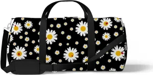 Beautiful Daisy Floral Black Sports Duffel Bag Travel Gym Tote Bags Lightweight Durable Shoulder Strap Waterproof Polyester Outside Mesh Pocket Overnight Trip Duffel Bag for Women Men