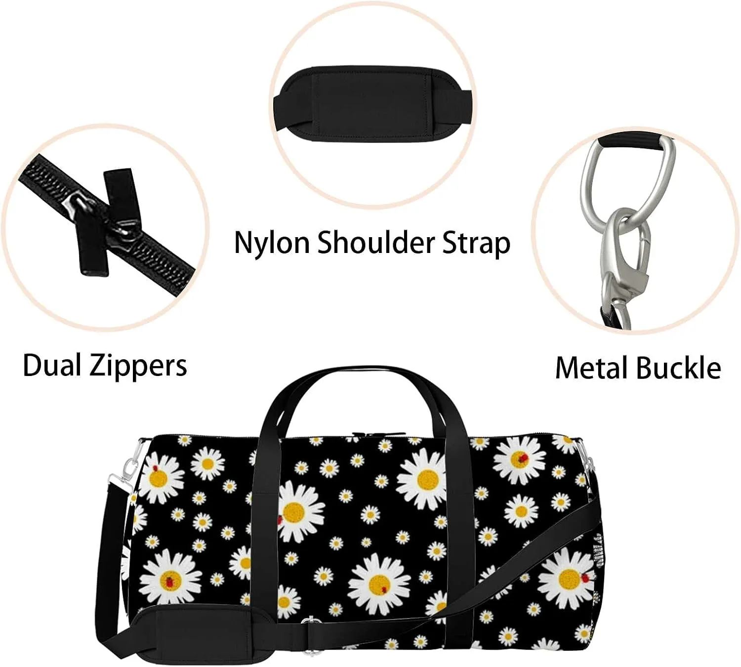 Beautiful Daisy Floral Black Sports Duffel Bag Travel Gym Tote Bags Lightweight Durable Shoulder Strap Waterproof Polyester Outside Mesh Pocket Overnight Trip Duffel Bag for Women Men