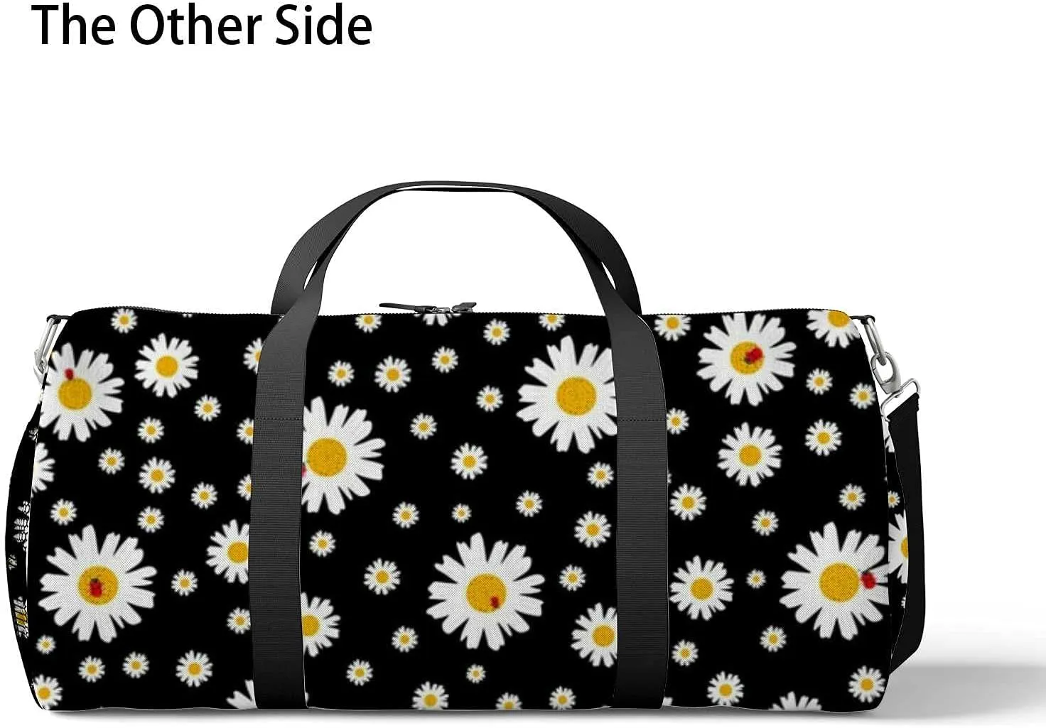Beautiful Daisy Floral Black Sports Duffel Bag Travel Gym Tote Bags Lightweight Durable Shoulder Strap Waterproof Polyester Outside Mesh Pocket Overnight Trip Duffel Bag for Women Men