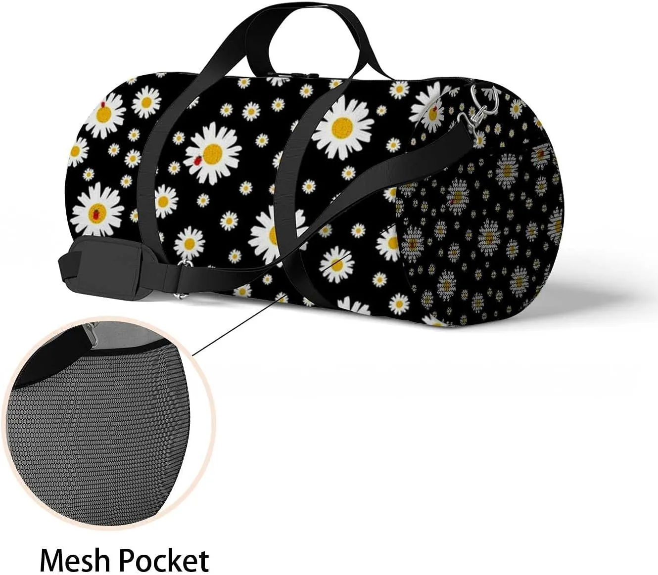 Beautiful Daisy Floral Black Sports Duffel Bag Travel Gym Tote Bags Lightweight Durable Shoulder Strap Waterproof Polyester Outside Mesh Pocket Overnight Trip Duffel Bag for Women Men