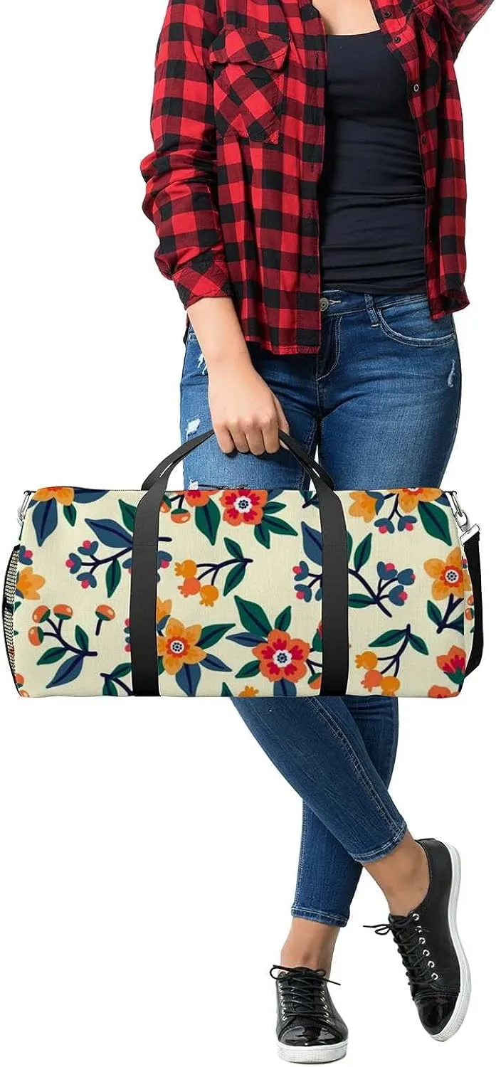 Beautiful Yellow Orange Flowers Sports Duffel Bag Travel Gym Tote Bags Lightweight Durable Shoulder Strap Waterproof Polyester Outside Mesh Pocket Overnight Trip Duffel Bag for Women Men