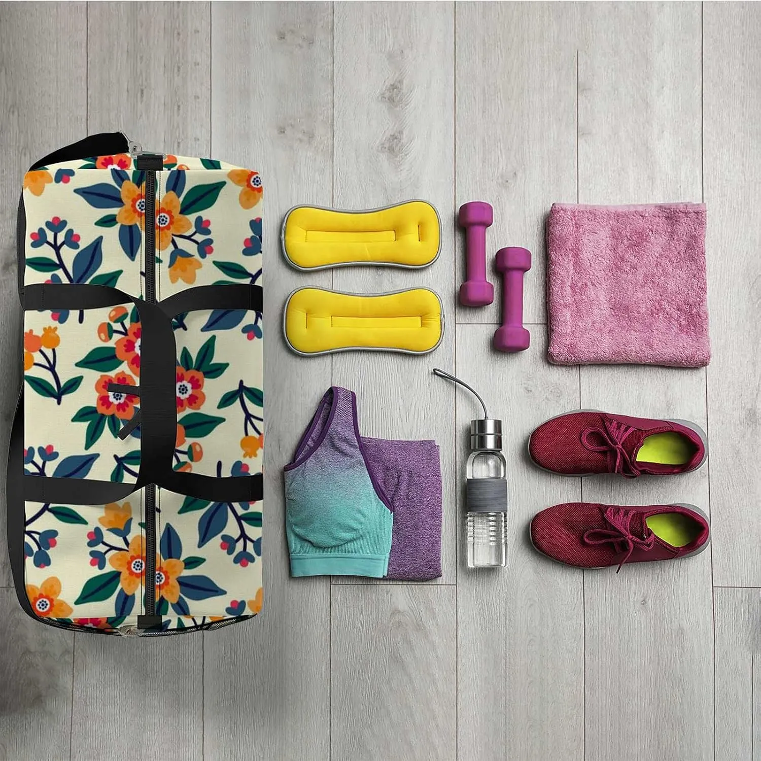 Beautiful Yellow Orange Flowers Sports Duffel Bag Travel Gym Tote Bags Lightweight Durable Shoulder Strap Waterproof Polyester Outside Mesh Pocket Overnight Trip Duffel Bag for Women Men