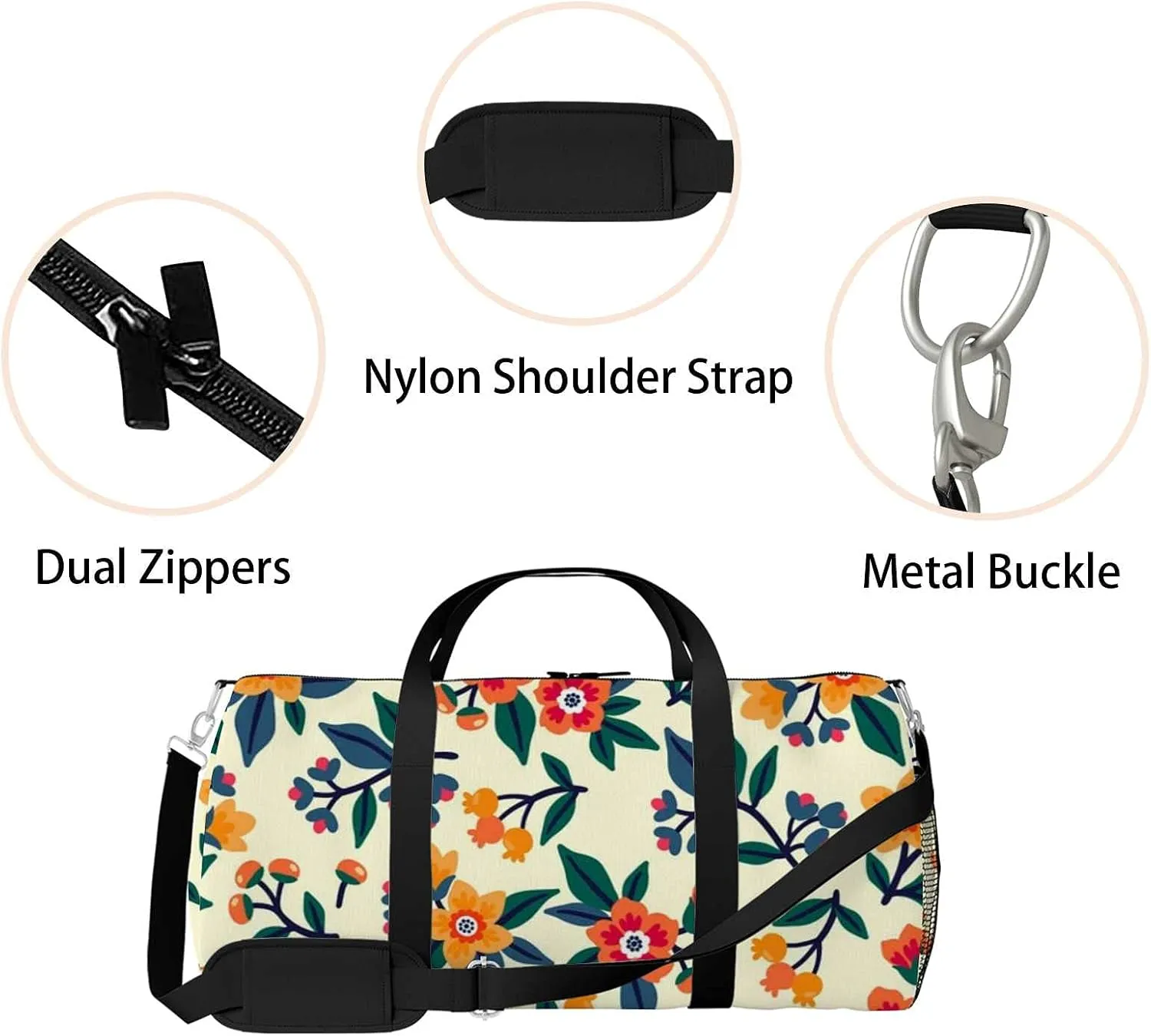 Beautiful Yellow Orange Flowers Sports Duffel Bag Travel Gym Tote Bags Lightweight Durable Shoulder Strap Waterproof Polyester Outside Mesh Pocket Overnight Trip Duffel Bag for Women Men