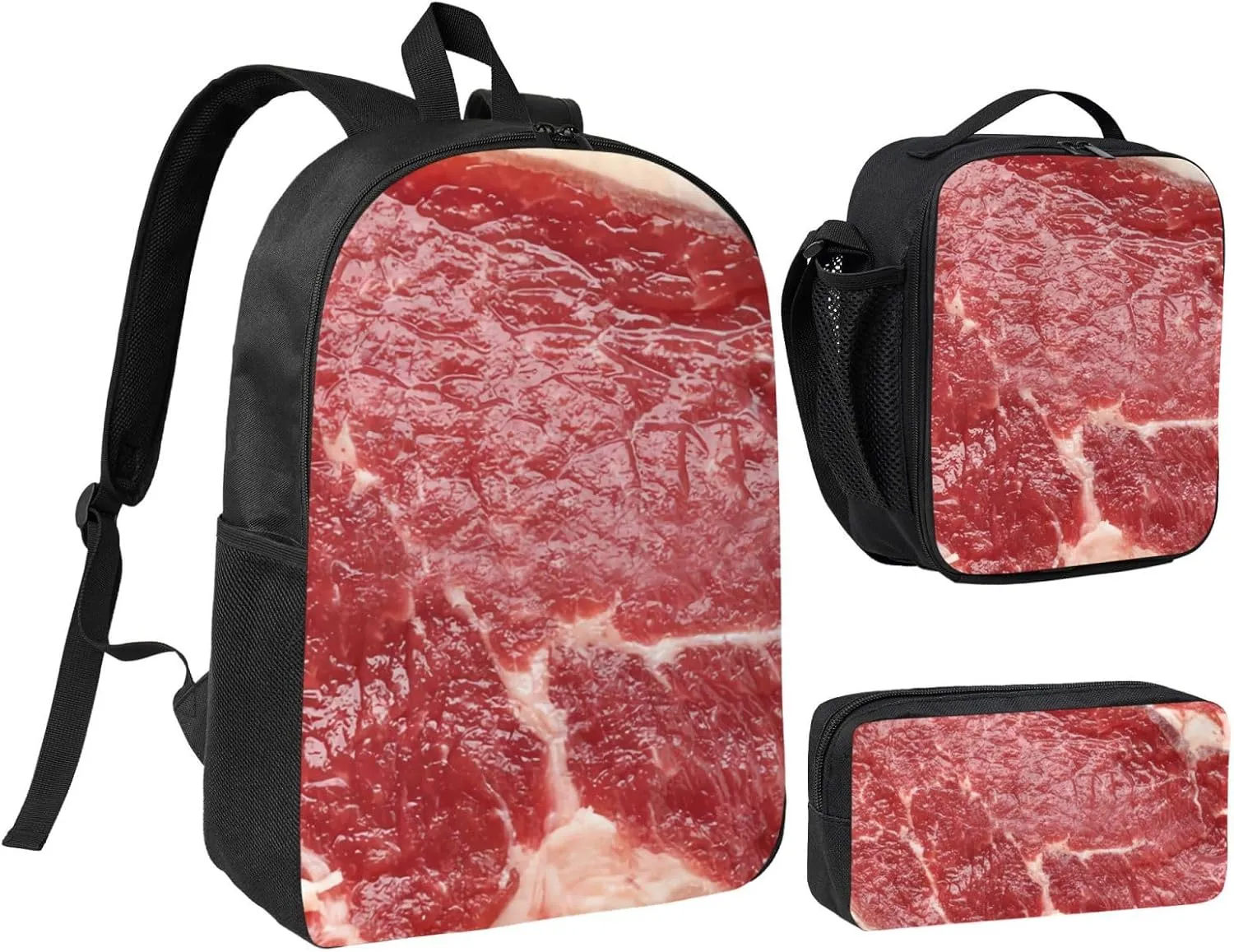 Beef Meat Backpack Combo (Backbag  Lunch Bag   Pen Bag) – Waterproof Oxford, Adjustable Straps, Minimalist Unisex Design