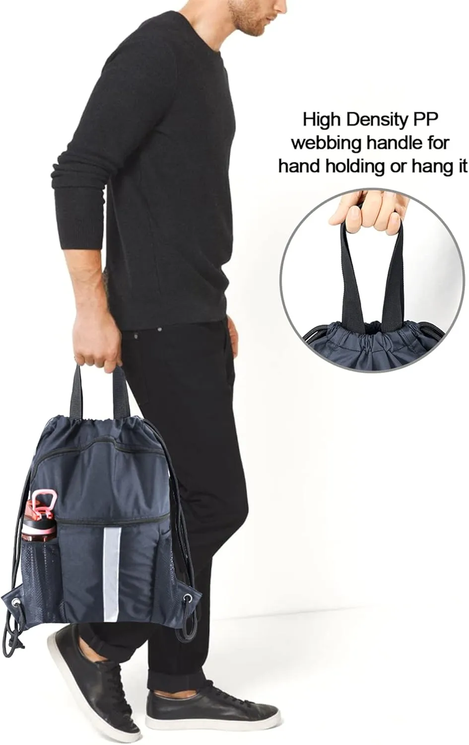 BeeGreen Drawstring Backpack Bag with Shoe Compartment, X-Large Black Gym Sports String Cinch Backpack