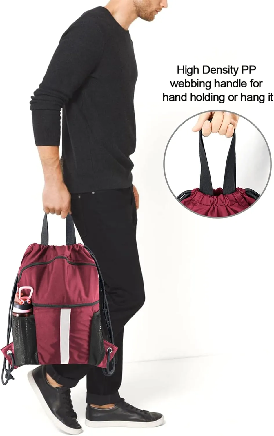 BeeGreen Drawstring Backpack Bag with Shoe Compartment, X-Large Black Gym Sports String Cinch Backpack