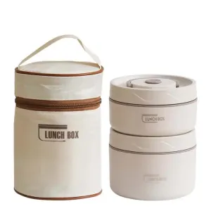 Beige 304 Stainless Steel Microwave-Safe Lunch Box Set (2-Pack) with Insulated Bag, Removable liner, 400 600ML