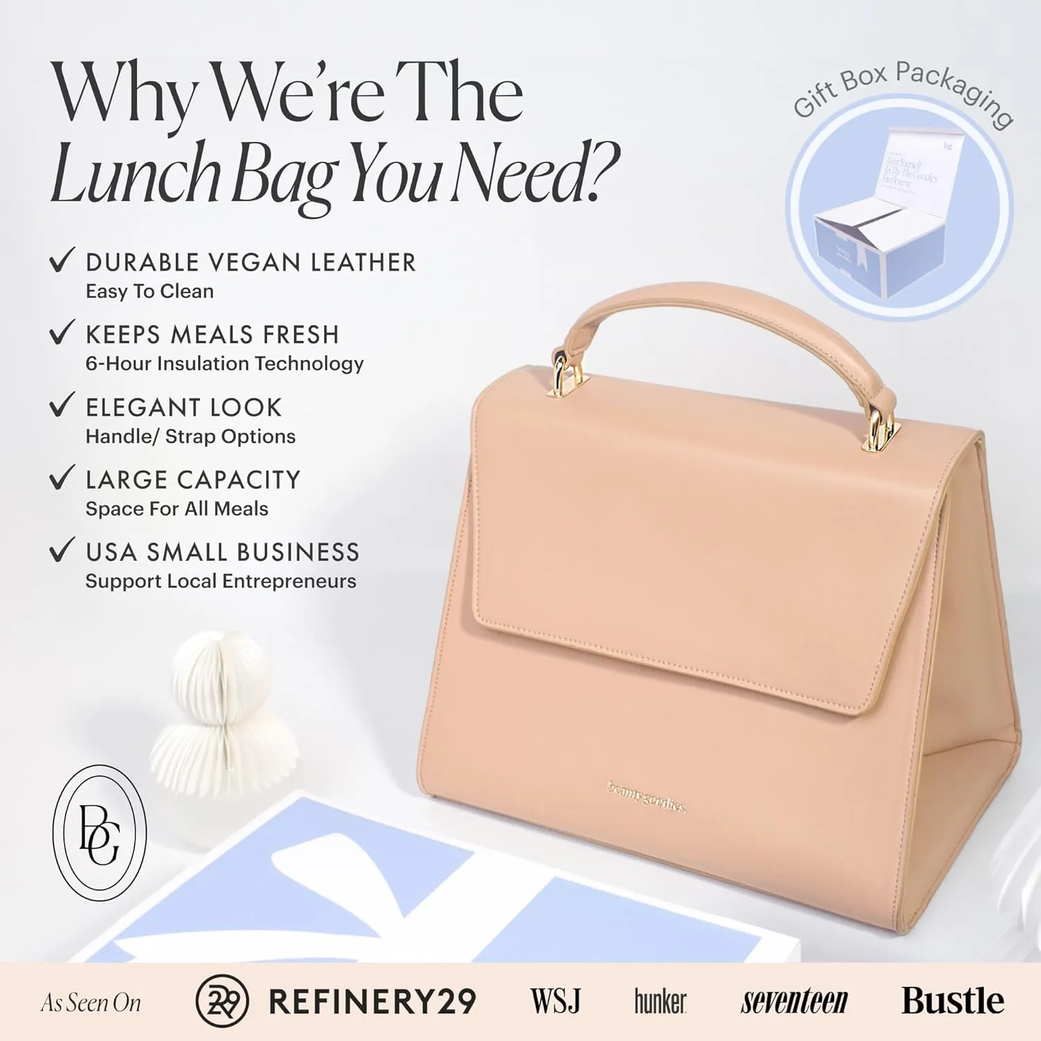 Beige Tan Medium Insulated Lunch Bag for Women for Work, Aesthetic Lunch Boxes and Classy Tote Bag Purse with Strap, Professional Ladies Lunch Bags, Chic Lunch Box for Women, the Office and Workplace