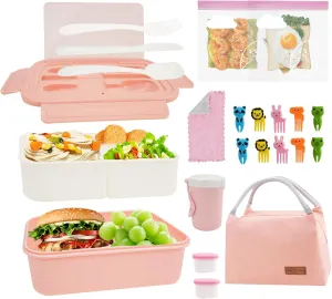 Bento Lunch Box Set, 1000ML Stackable Lunch Container Includes Lunch Bag, Leak-Proof Large Bento Box Cup with Lunch Bag Spoon Fork for Adults Travel Picnic, Pink