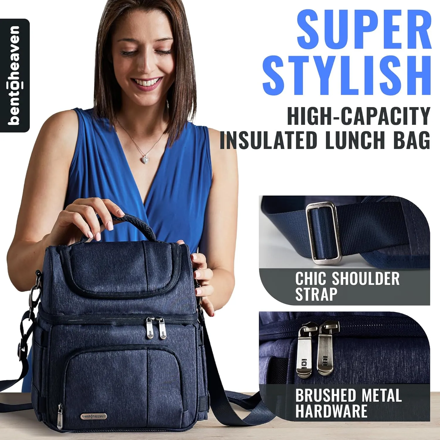 Bentoheaven Lunch Bag & Lunch Box for Men and Women - Premium Materials, Extra Large Capacity (24 Cans) Double Deck - Leakproof Insulated Soft Large Adult Lunch Cooler Bag for Work, Travel (15L,Blue)
