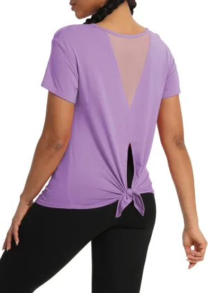 Bestisun Women Short Sleeve Workout Athletic Shirts Tie Back Sports Gym Tops Mesh Yoga Clothes