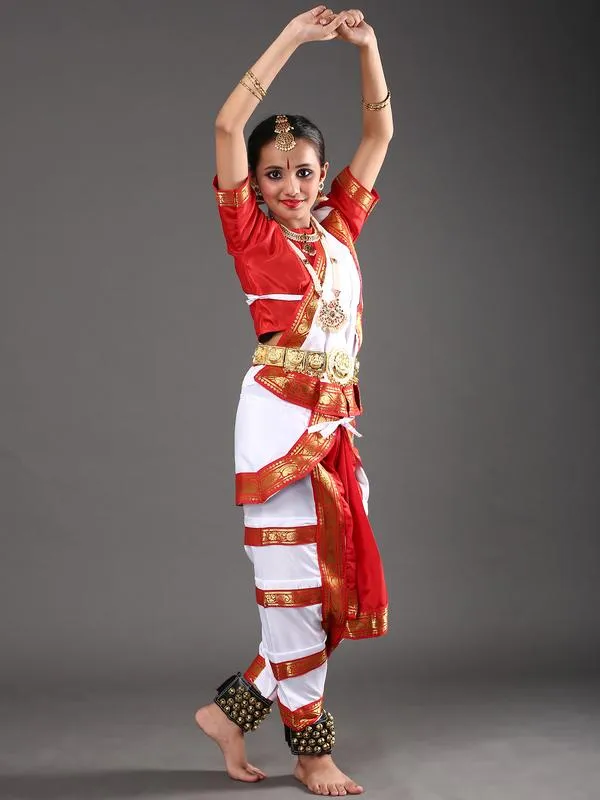 Bharatanatyam Dance Costume Dress for Girls in White and Red