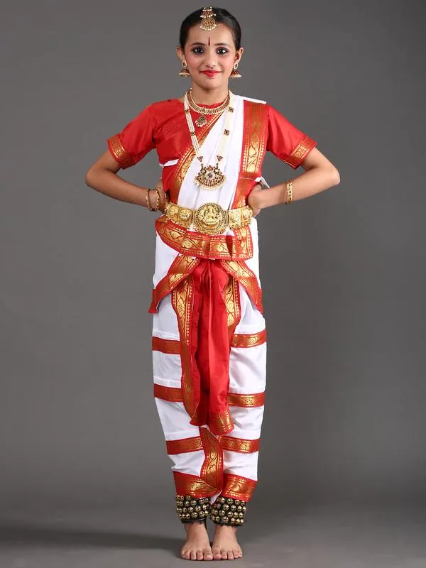 Bharatanatyam Dance Costume Dress for Girls in White and Red