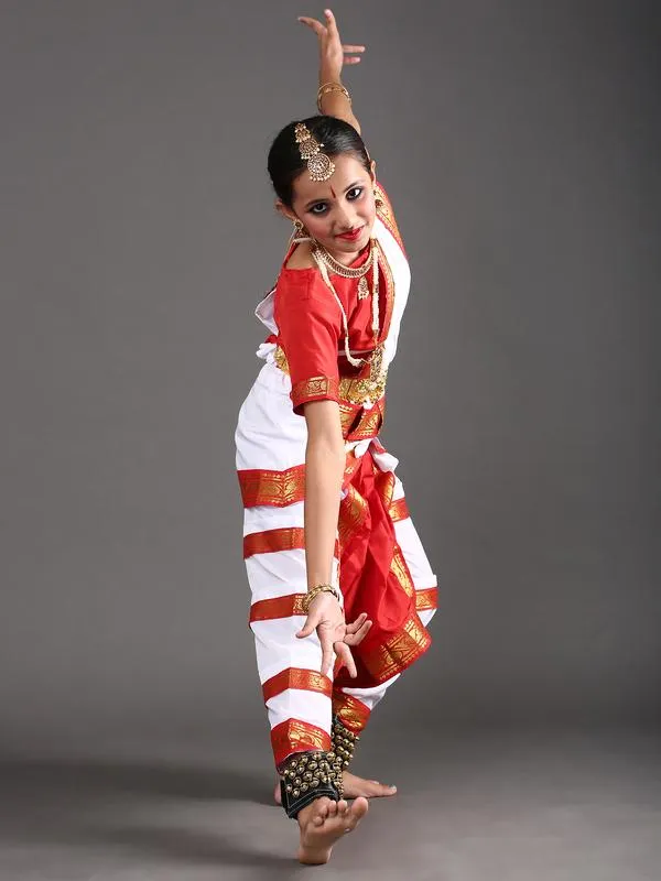 Bharatanatyam Dance Costume Dress for Girls in White and Red