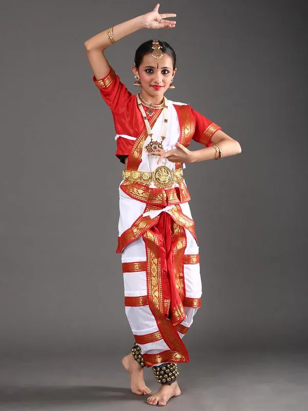 Bharatanatyam Dance Costume Dress for Girls in White and Red