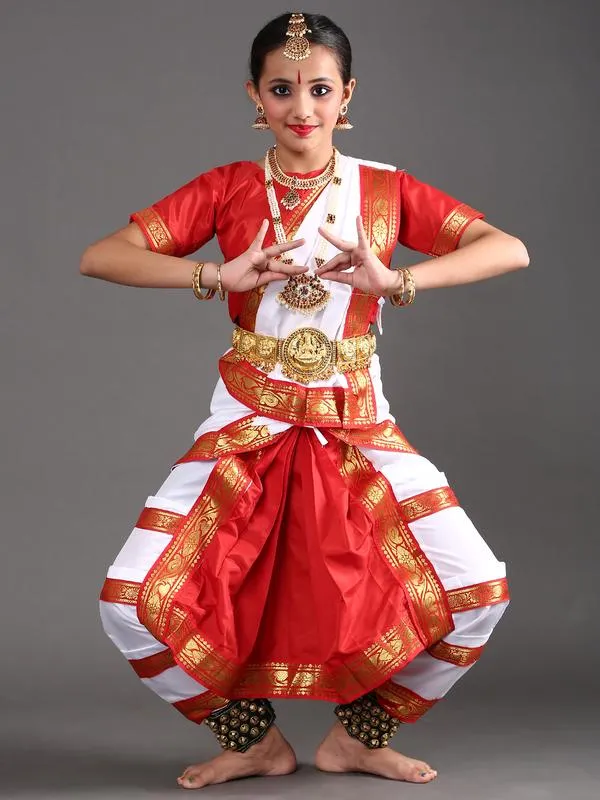 Bharatanatyam Dance Costume Dress for Girls in White and Red