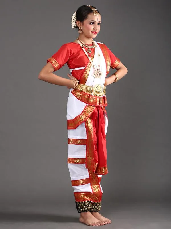 Bharatanatyam Dance Costume Dress for Girls in White and Red