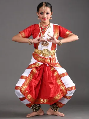 Bharatanatyam Dance Costume Dress for Girls in White and Red