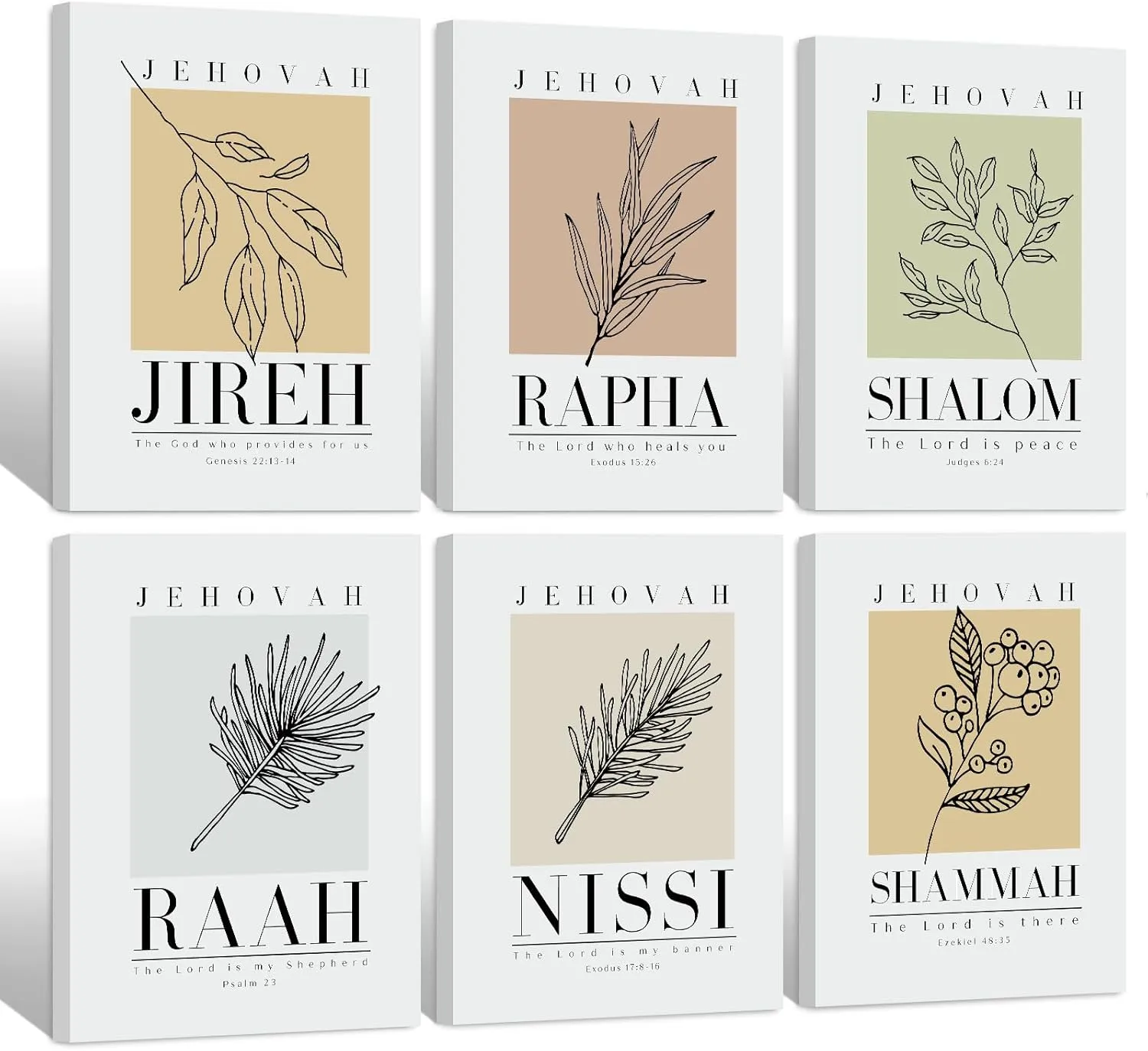 Bible Wall Art Print Set of 6 Christian Scripture Wall Art Decor Jehovah Jireh Rapha Shalom Shammah Nissi Raah Wall Art Bible Verse Poster Modern Minimalist for Bedroom Home 12x16 Inch Wrapped Canvas