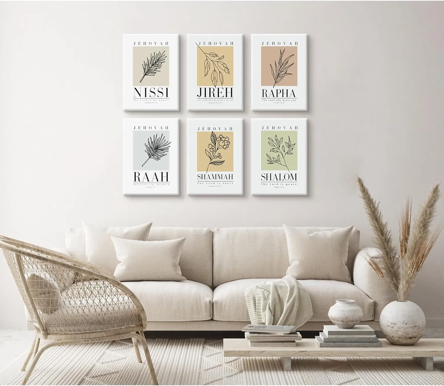 Bible Wall Art Print Set of 6 Christian Scripture Wall Art Decor Jehovah Jireh Rapha Shalom Shammah Nissi Raah Wall Art Bible Verse Poster Modern Minimalist for Bedroom Home 12x16 Inch Wrapped Canvas