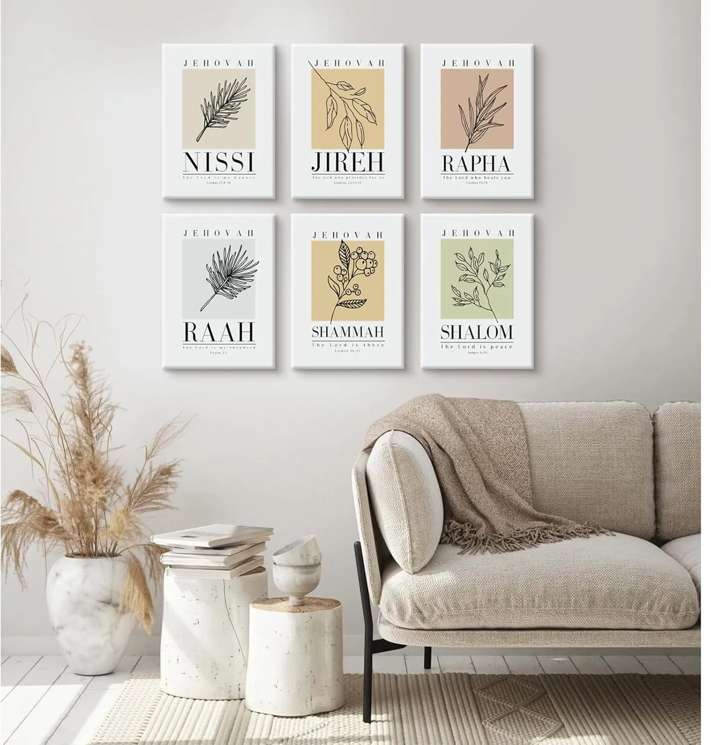 Bible Wall Art Print Set of 6 Christian Scripture Wall Art Decor Jehovah Jireh Rapha Shalom Shammah Nissi Raah Wall Art Bible Verse Poster Modern Minimalist for Bedroom Home 12x16 Inch Wrapped Canvas