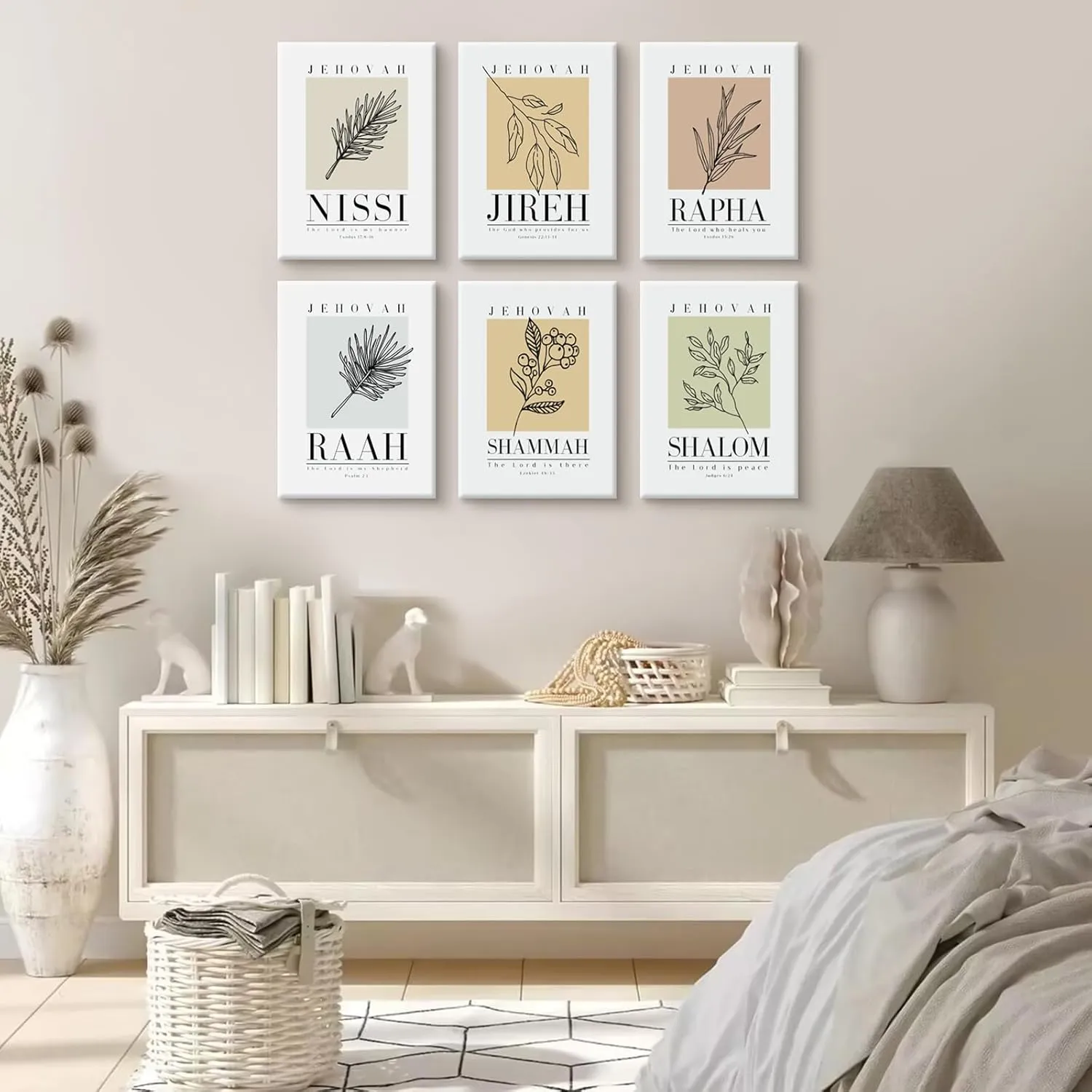 Bible Wall Art Print Set of 6 Christian Scripture Wall Art Decor Jehovah Jireh Rapha Shalom Shammah Nissi Raah Wall Art Bible Verse Poster Modern Minimalist for Bedroom Home 12x16 Inch Wrapped Canvas