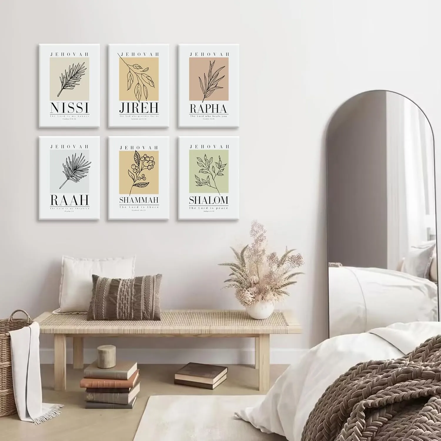 Bible Wall Art Print Set of 6 Christian Scripture Wall Art Decor Jehovah Jireh Rapha Shalom Shammah Nissi Raah Wall Art Bible Verse Poster Modern Minimalist for Bedroom Home 12x16 Inch Wrapped Canvas